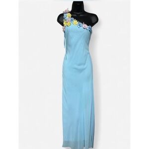 Y2K Pastel Blue One Shoulder Maxi Dress 3D Floral Applique Prom Fairy